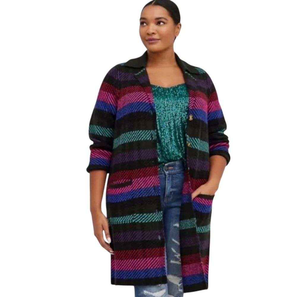 TORRID NWT Multi Striped Notch Collar Midi Cardigan Duster Sweater Women's SZ L